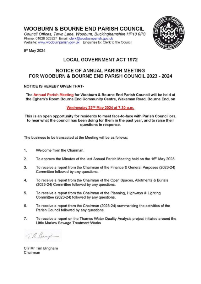 We will be at the Bourne End Community Centre in the Egham's Room, between 7.30 and 9pm on Wednesday 22nd May for our Annual Parish Meeting. Our Committee Chairs and Clerk will also be showing what we have done at PC HQ over the last civic year.