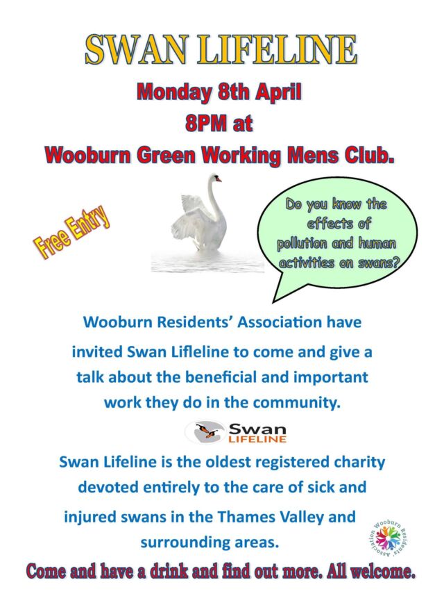 @wooburn_residents_association_ have invited Swan Lifeline  to give a talk about the beneficial and important work they do in the community. 

Join them on Monday 8th April at 8pm in the Wooburn Green Working Men's Club.