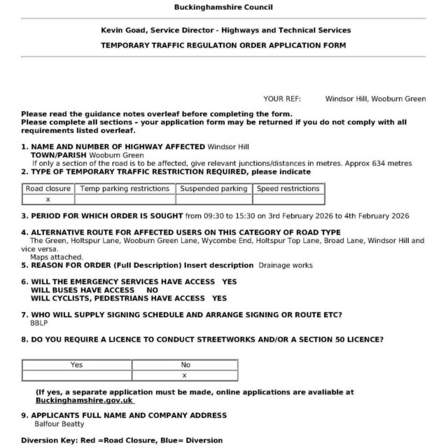 ⛔️WINDSOR HILL LANE ROAD CLOSURE⛔️

From 09:30 to 15:30 on 3rd February 2026 to 4th February 2026, Windsor Hill will have a temporary traffic regulation order in place due to drainage works.

Please see attached map for alternative routes.